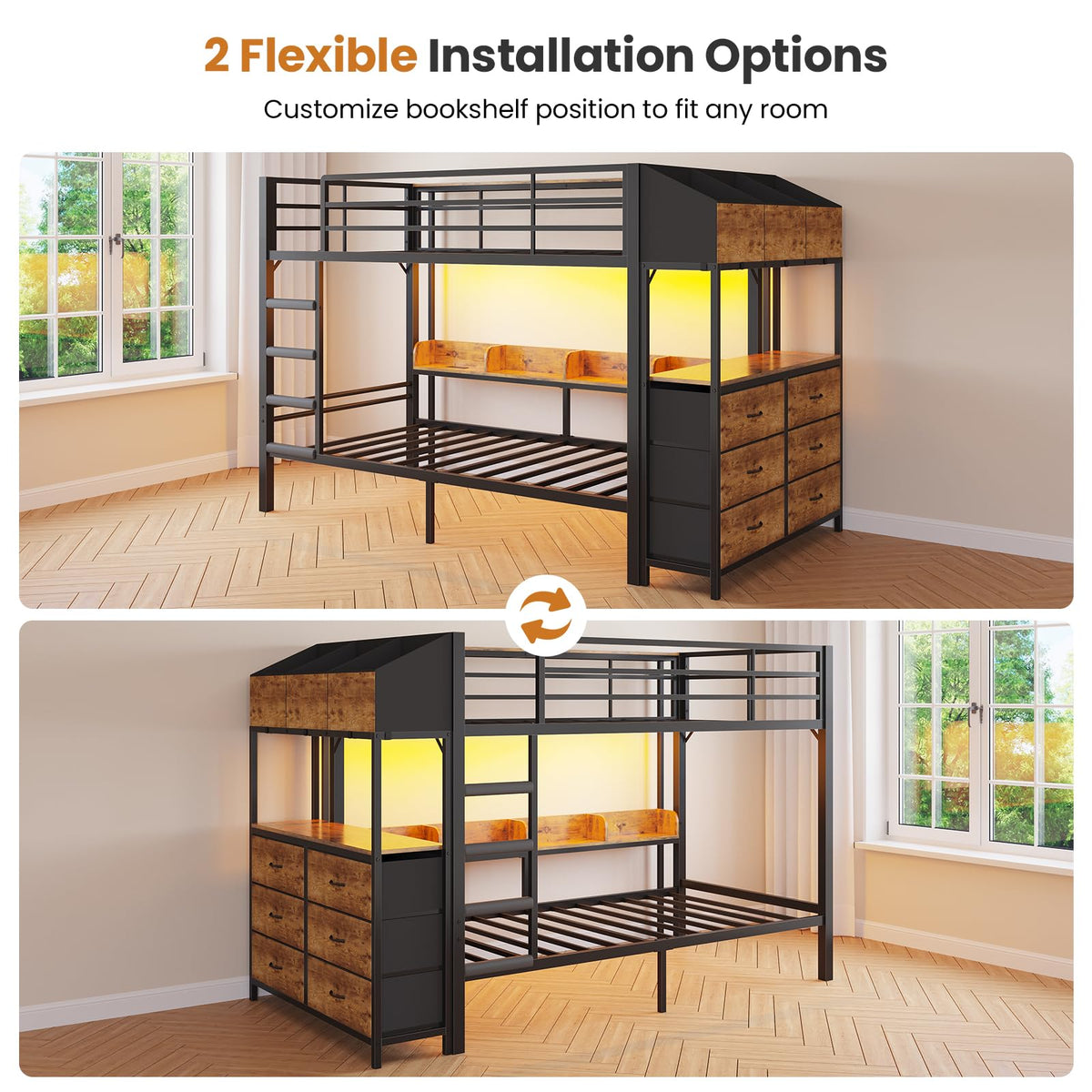 Twin Over Twin Metal Bunk Bed with 6 Storage Drawers, Led Lights and Charging Station, Black G413