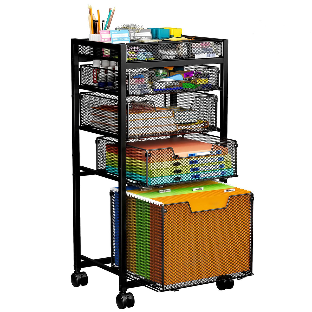 Rolling File Cart with 4 Storage Drawers, Black Metal F394895