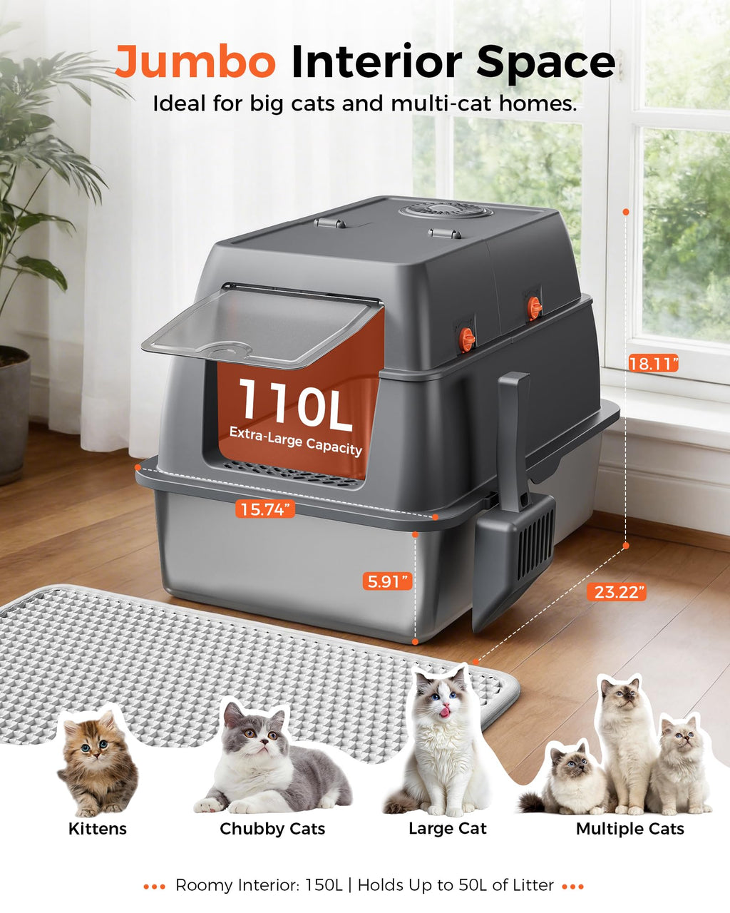 XXL Stainless Steel Enclosed Cat Litter Box with Lid, Mat & Scoop Z628