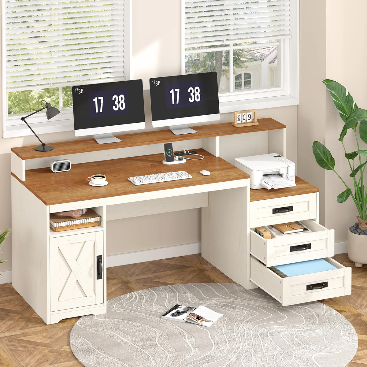 65" Computer Desk with Drawers and Printer Stand K493