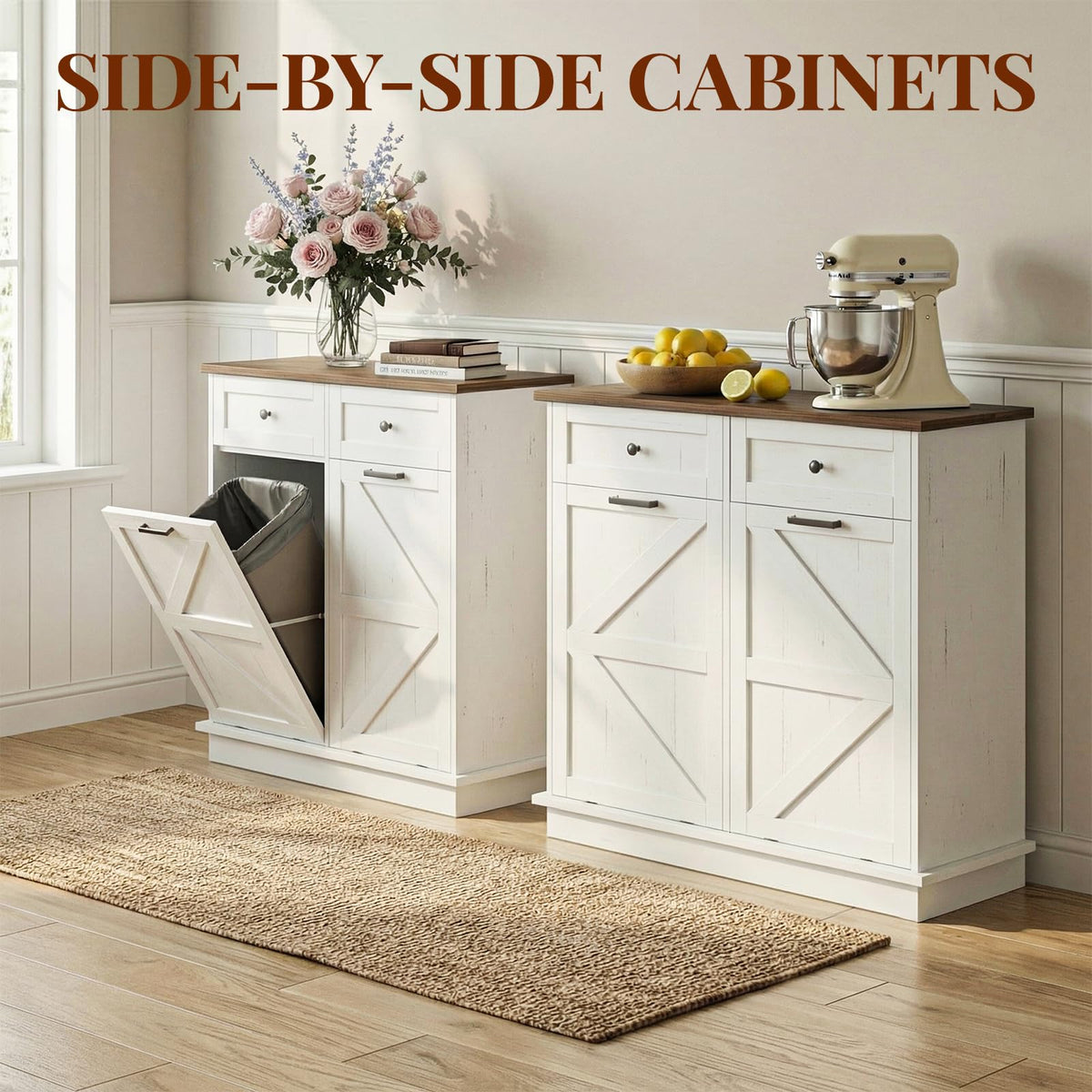 Brown White Double Tilt Out Trash Cabinet with Drawers K738322