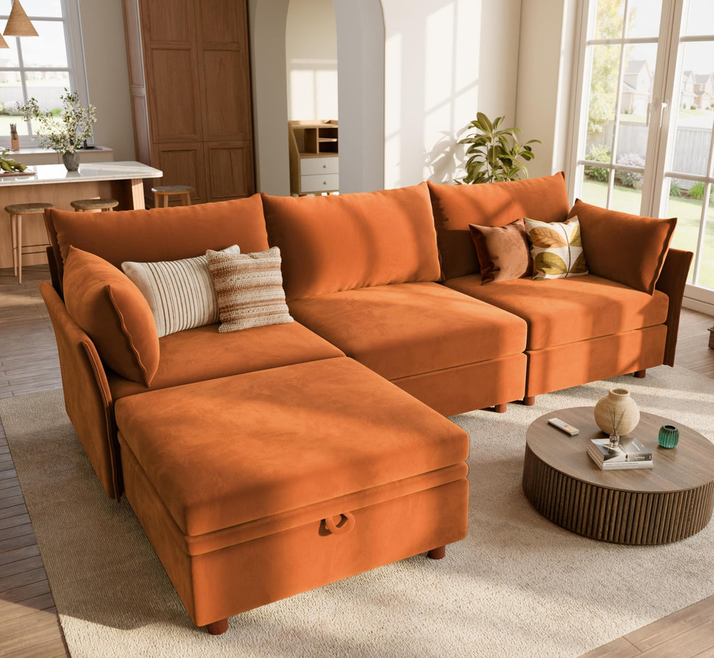 102.6" L Shaped 4 Seater Velvet Sectional Sofa with Storage Ottoman R6658