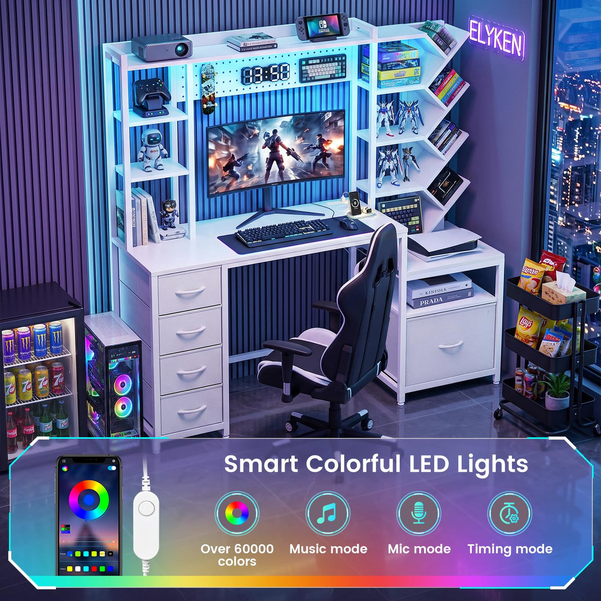 61.4" Computer Desk with Bookshelf, 5 Drawers, Hutch, Outlet, LED Z3835