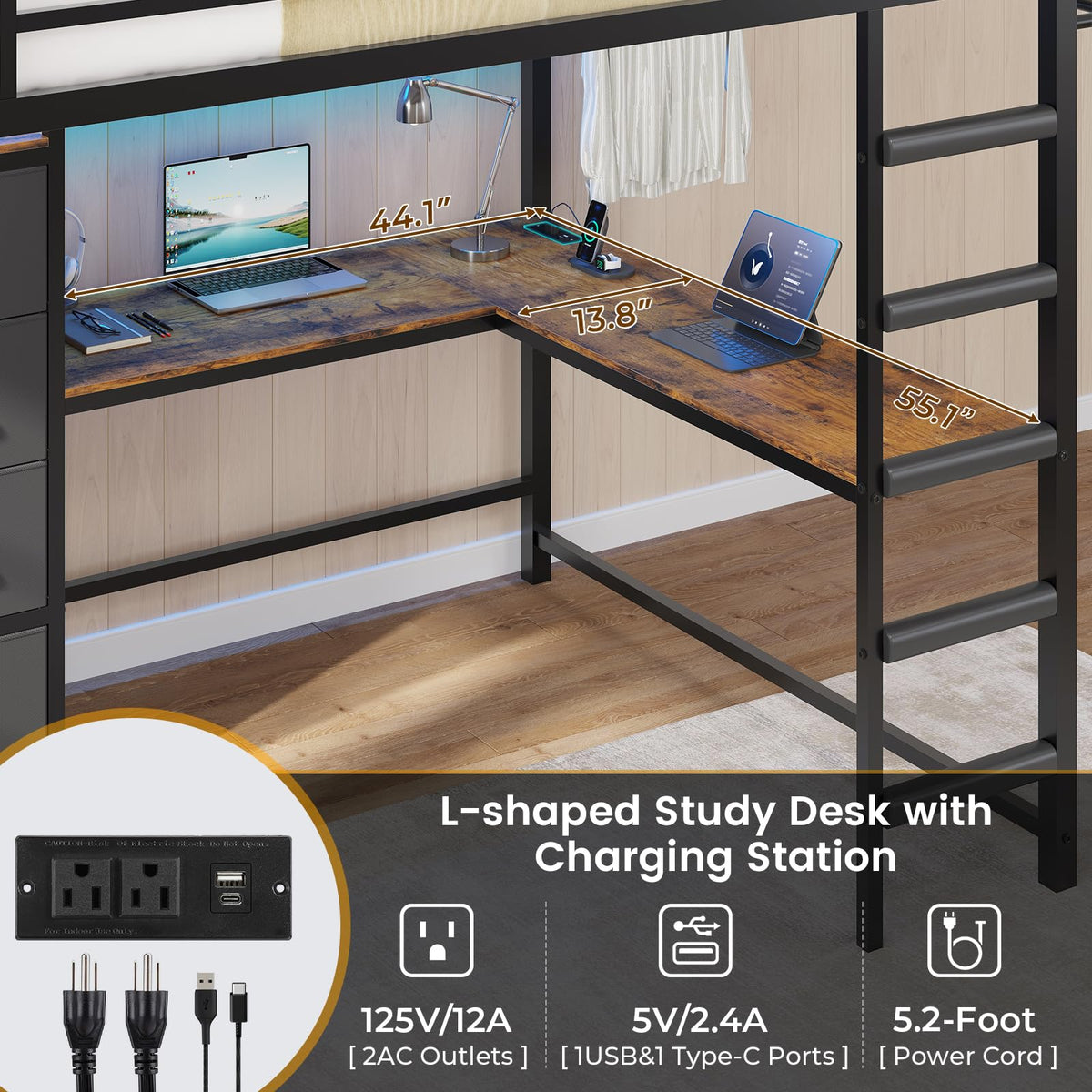 Full Size Loft Bed with L-Shaped Desk, 7 Storage Drawers, LED Lights and Charging Station, Black P9350