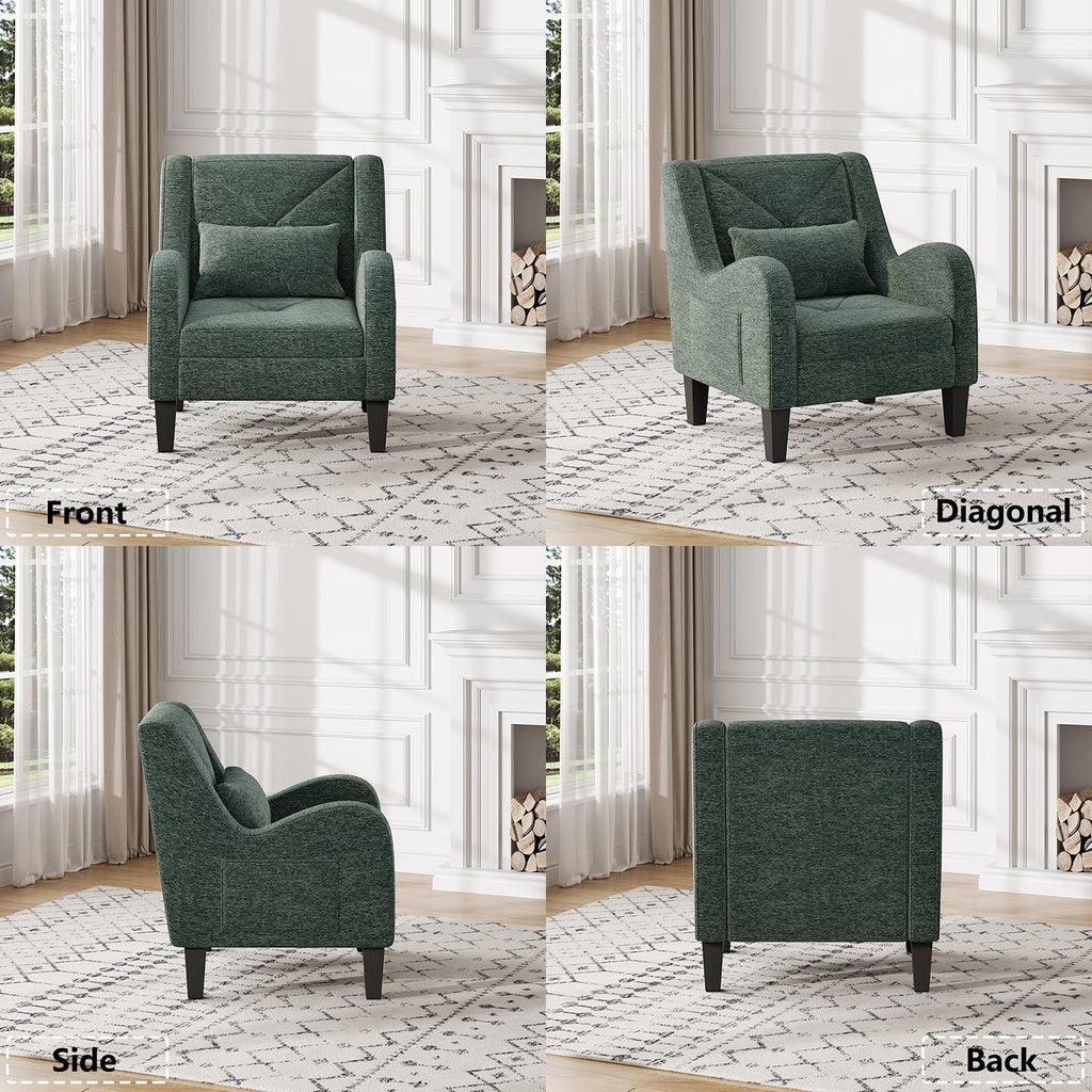 Green Chenille Upholstered Accent Chair with Lumbar Pillow J828435