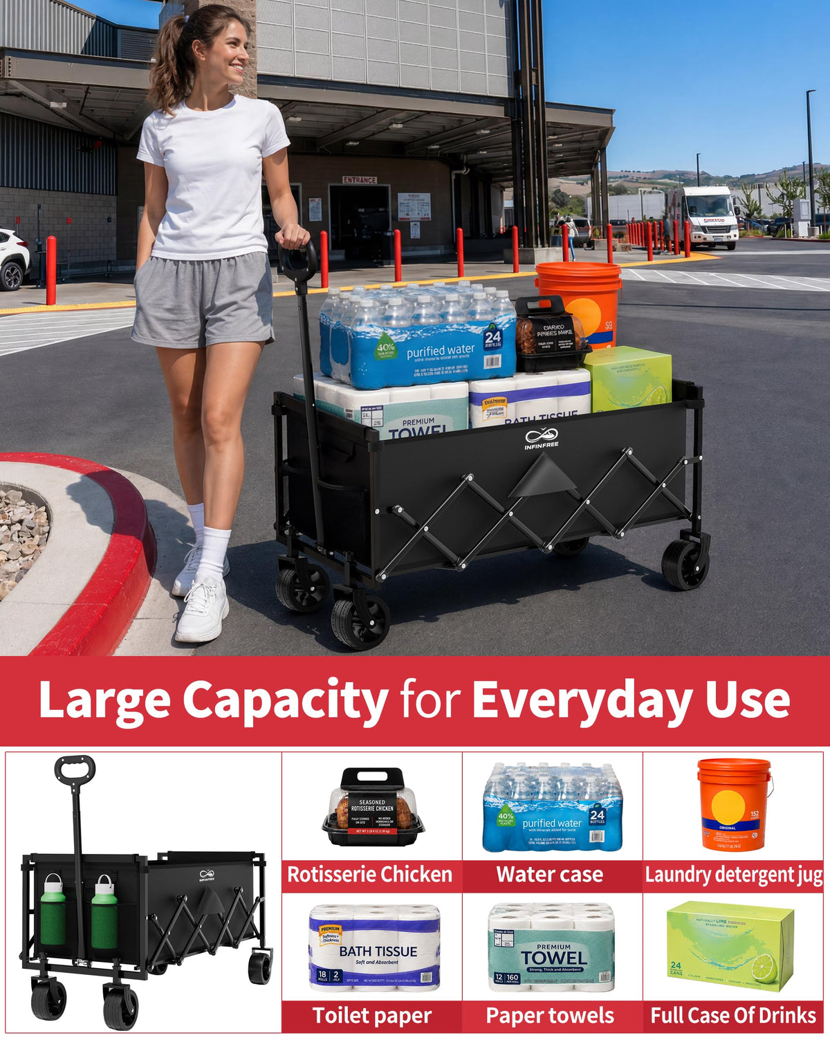 34" Extra Long Foldable Wagon with All-Terrain Wheels, 260 LBS Capacity Black E648