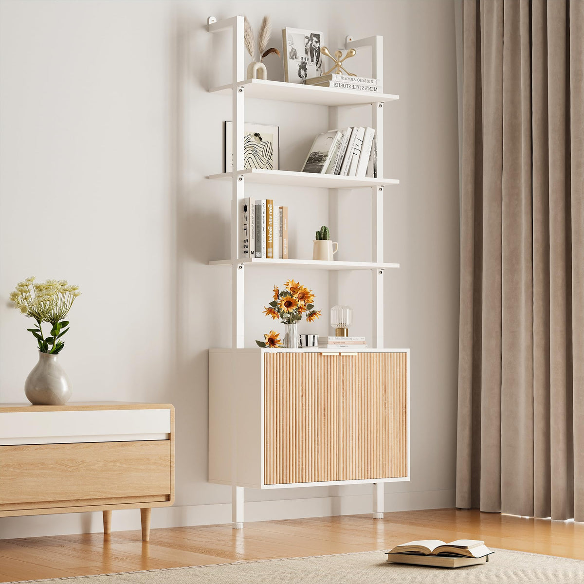 74" Tall White and Oak Bookshelf with Storage Cabinet Q658