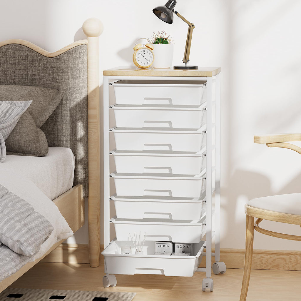 8 Drawer Rolling Storage Cart with Wooden Tabletop W36667