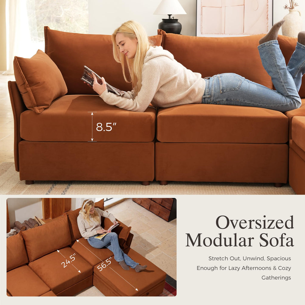 102.6" L Shaped 4 Seater Velvet Sectional Sofa with Storage Ottoman R6658