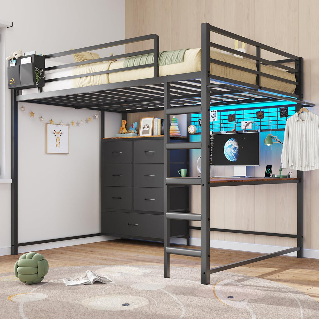 Full Size Loft Bed with L-Shaped Desk, 7 Storage Drawers, LED Lights and Charging Station, Black P9350