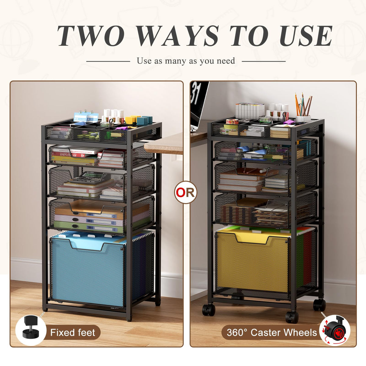 Rolling File Cart with 4 Storage Drawers, Black Metal F394895