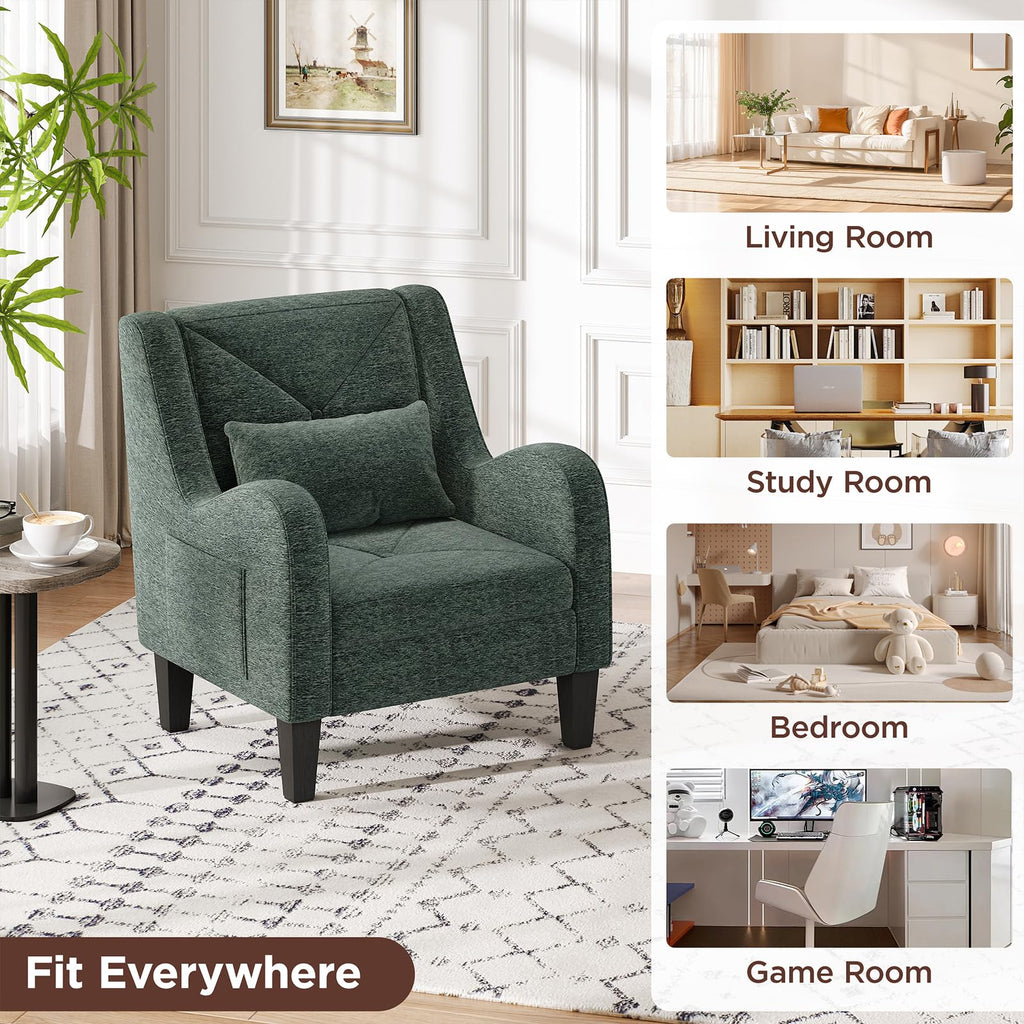 Green Chenille Upholstered Accent Chair with Lumbar Pillow J828435