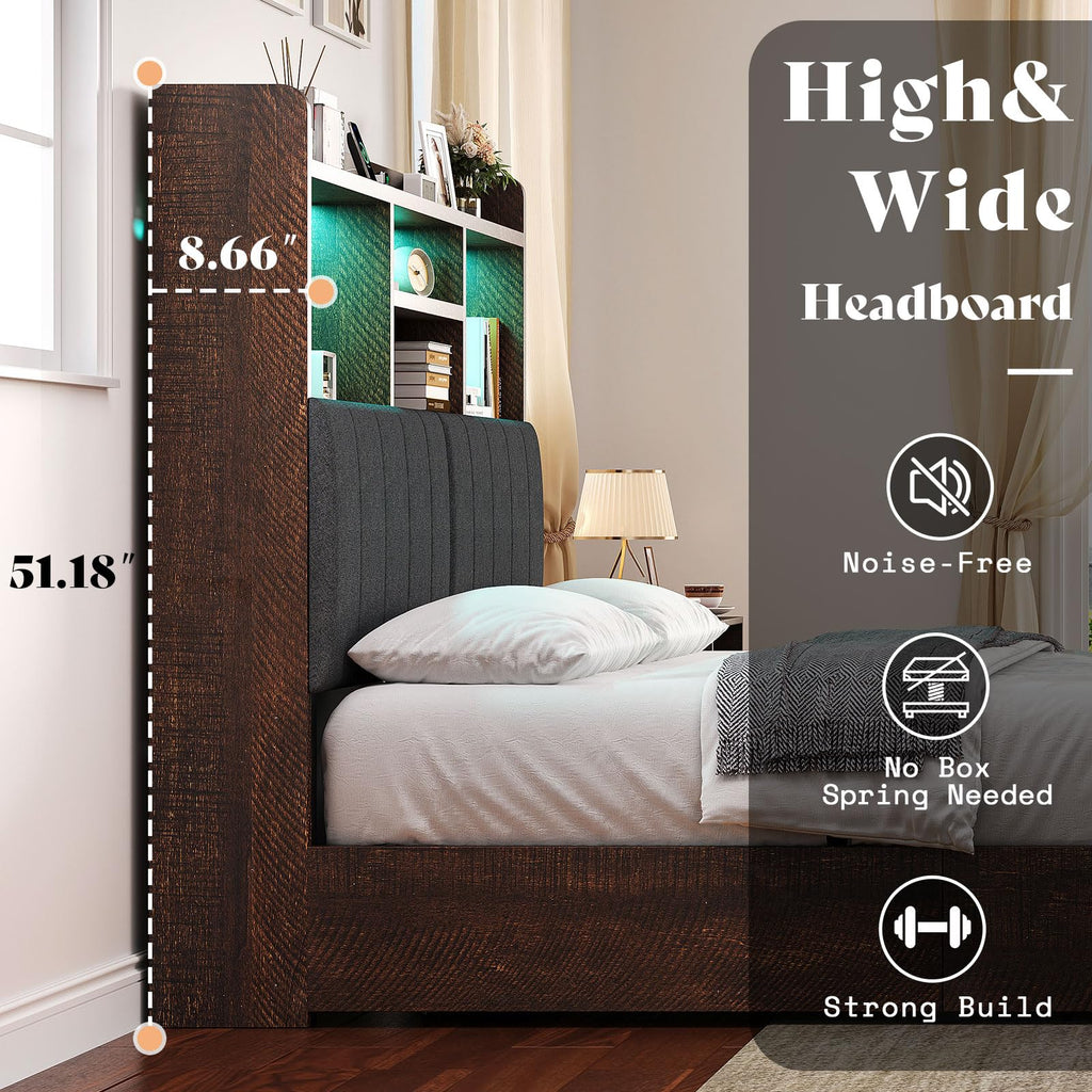 King Brown Storage Bed with Bookcase Headboard & Drawer M1220