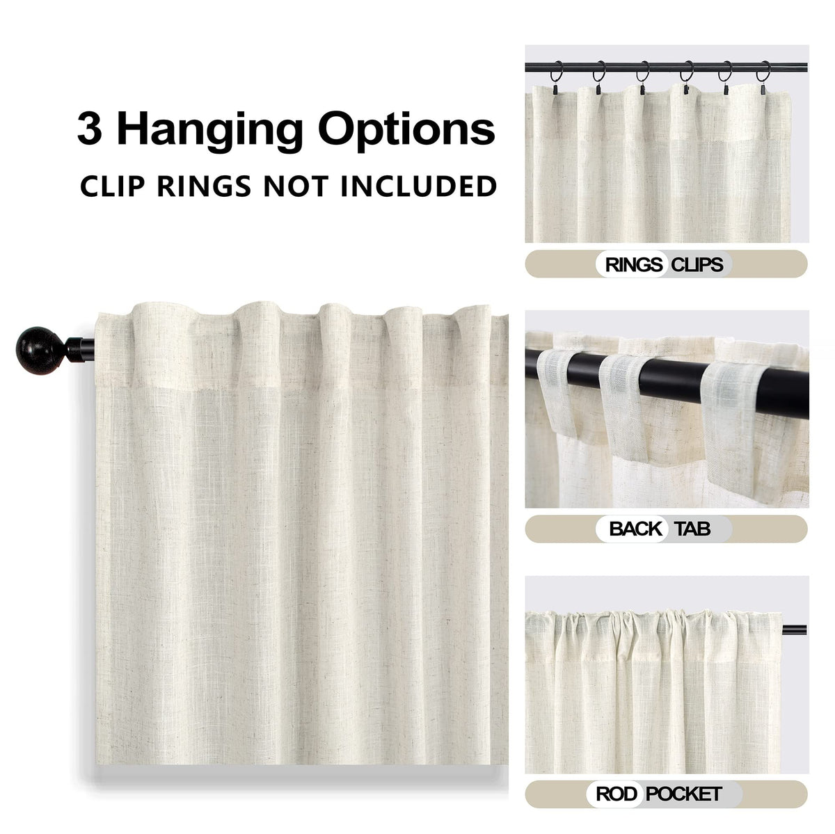 72 Inch Extra Wide Cream Semi Sheer Linen Curtains 2 Panels Set H3969