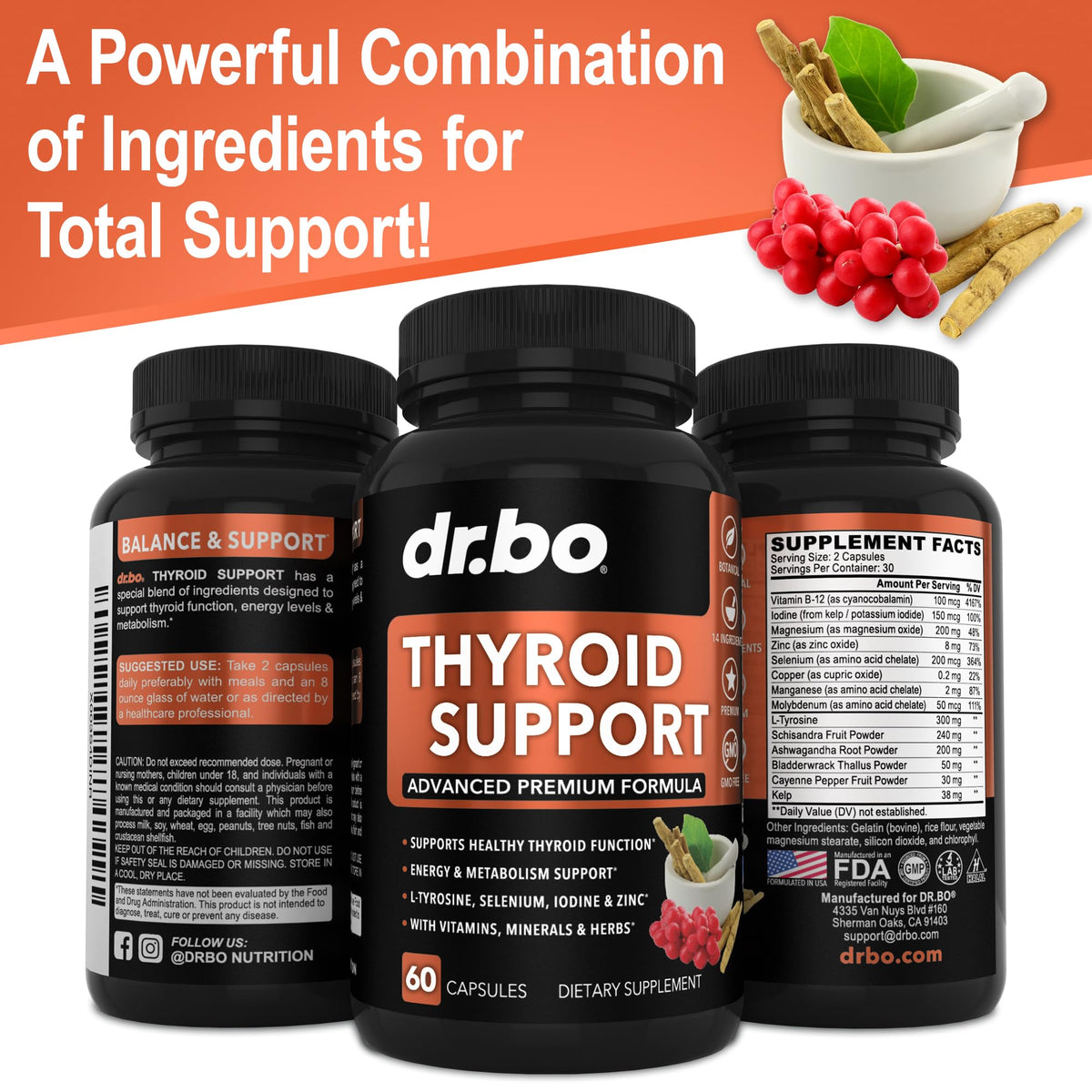Thyroid Support Supplement with L-Tyrosine Selenium Iodine Zinc Bladderwrack Kelp Ashwagandha 60 Pills P760