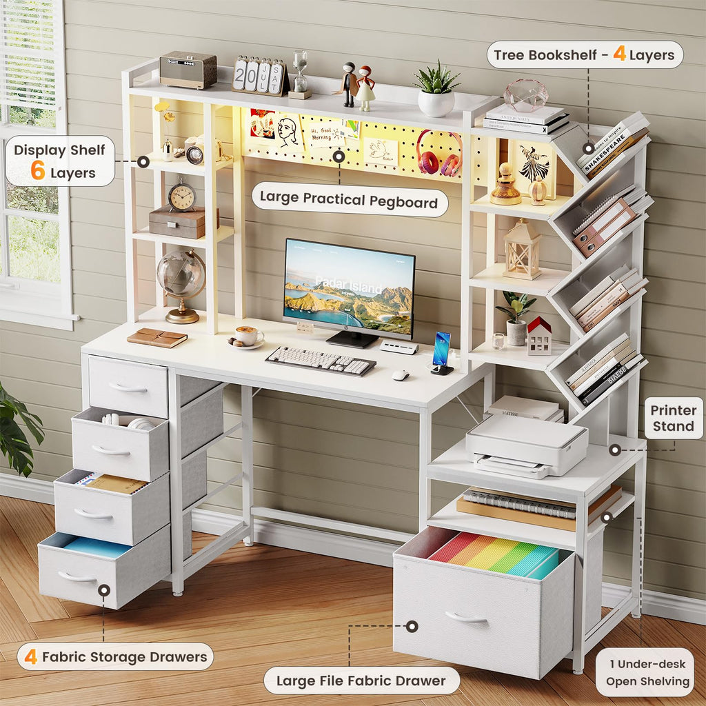 61.4" Computer Desk with Bookshelf, 5 Drawers, Hutch, Outlet, LED Z3835