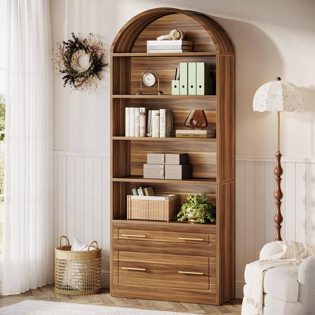 76.8" Tall Arched Bookcase with File Cabinet Drawer, Walnut Brown X940