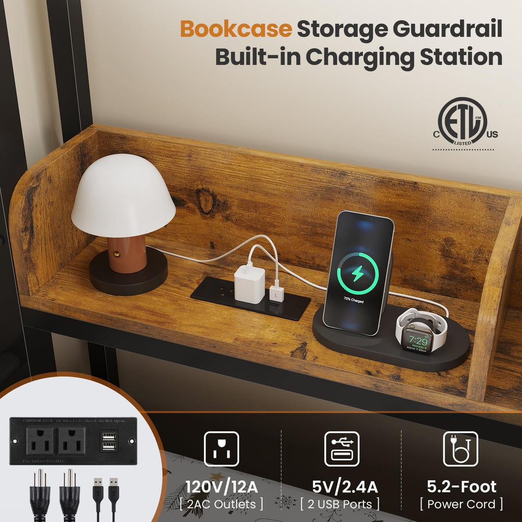Twin Over Twin Metal Bunk Bed with 6 Storage Drawers, Led Lights and Charging Station, Black G413