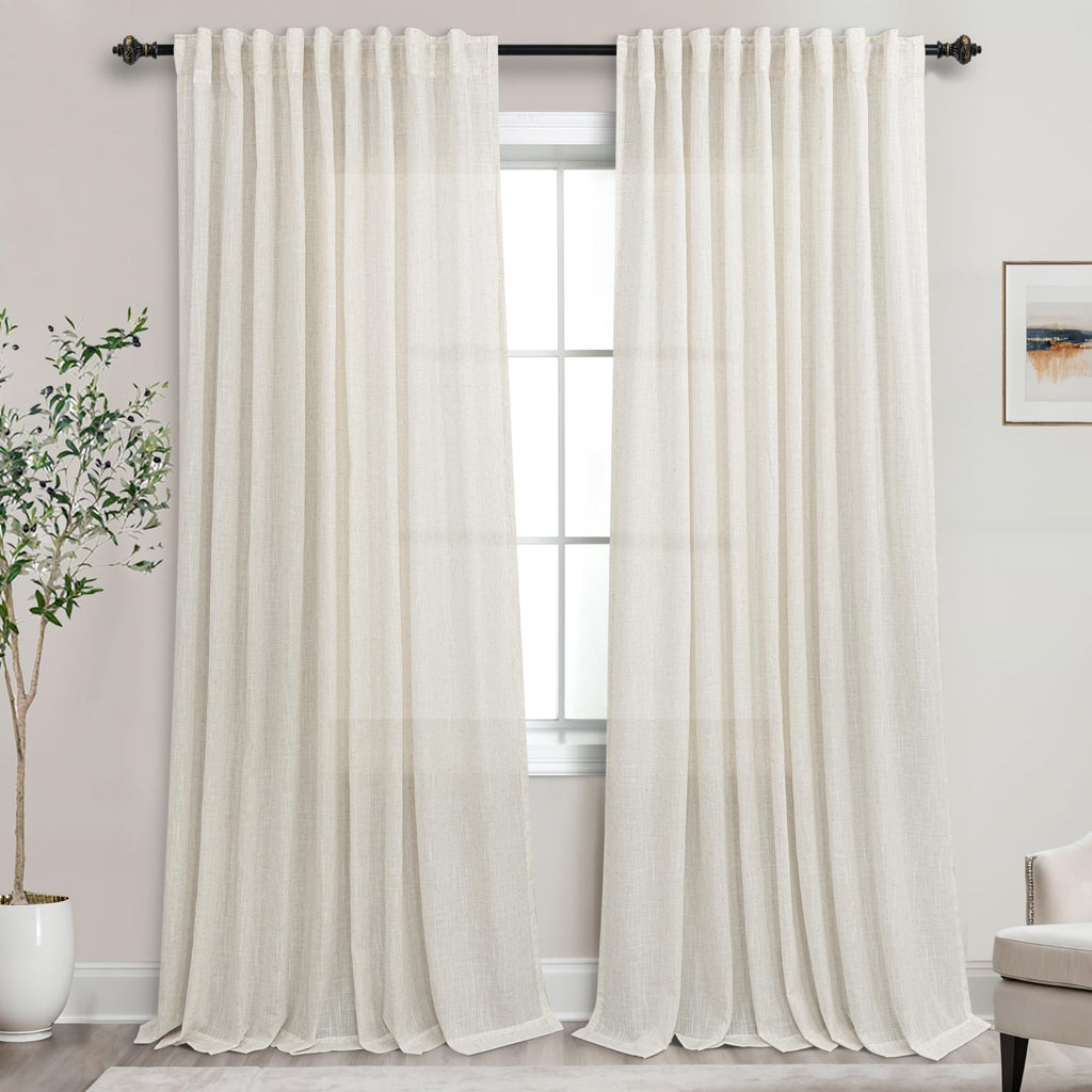 72 Inch Extra Wide Cream Semi Sheer Linen Curtains 2 Panels Set H3969