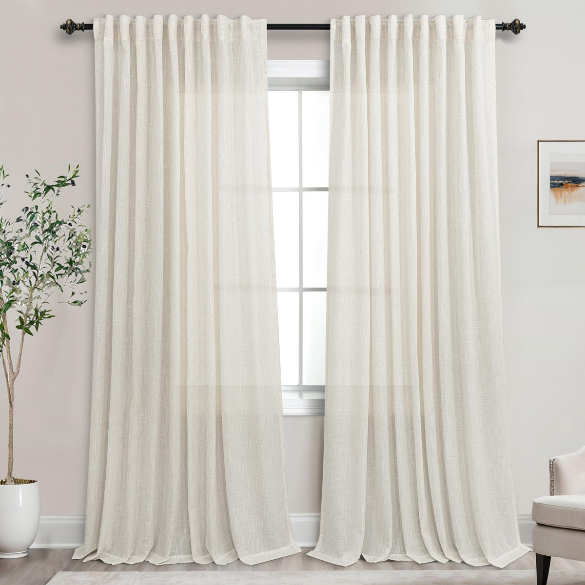 72 Inch Extra Wide Cream Semi Sheer Linen Curtains 2 Panels Set H3969