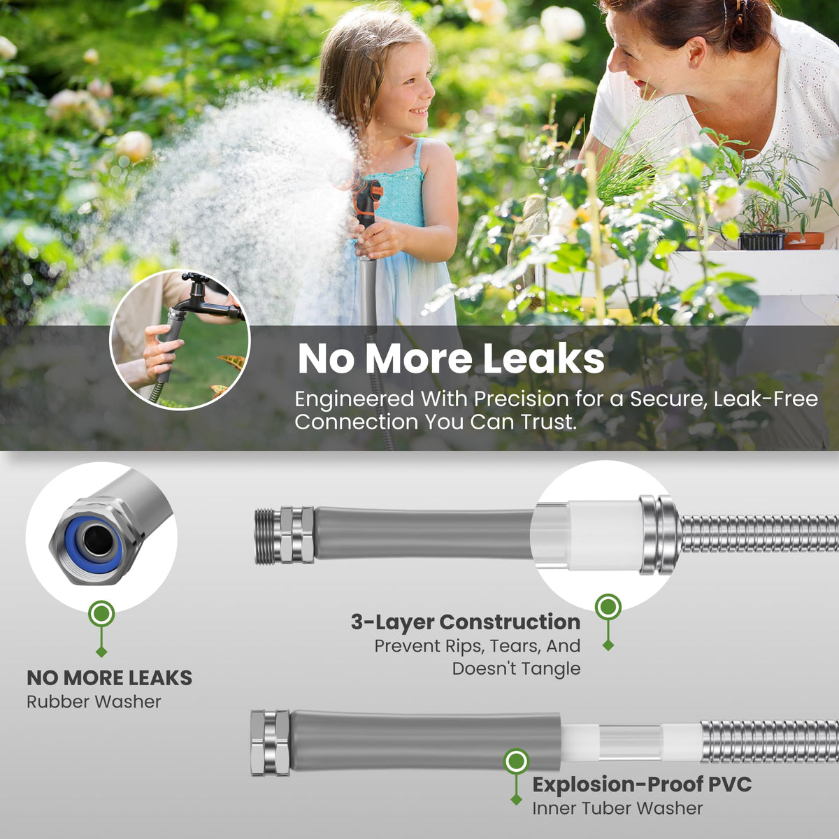 100ft Stainless Steel Garden Hose with Spray Nozzle H863