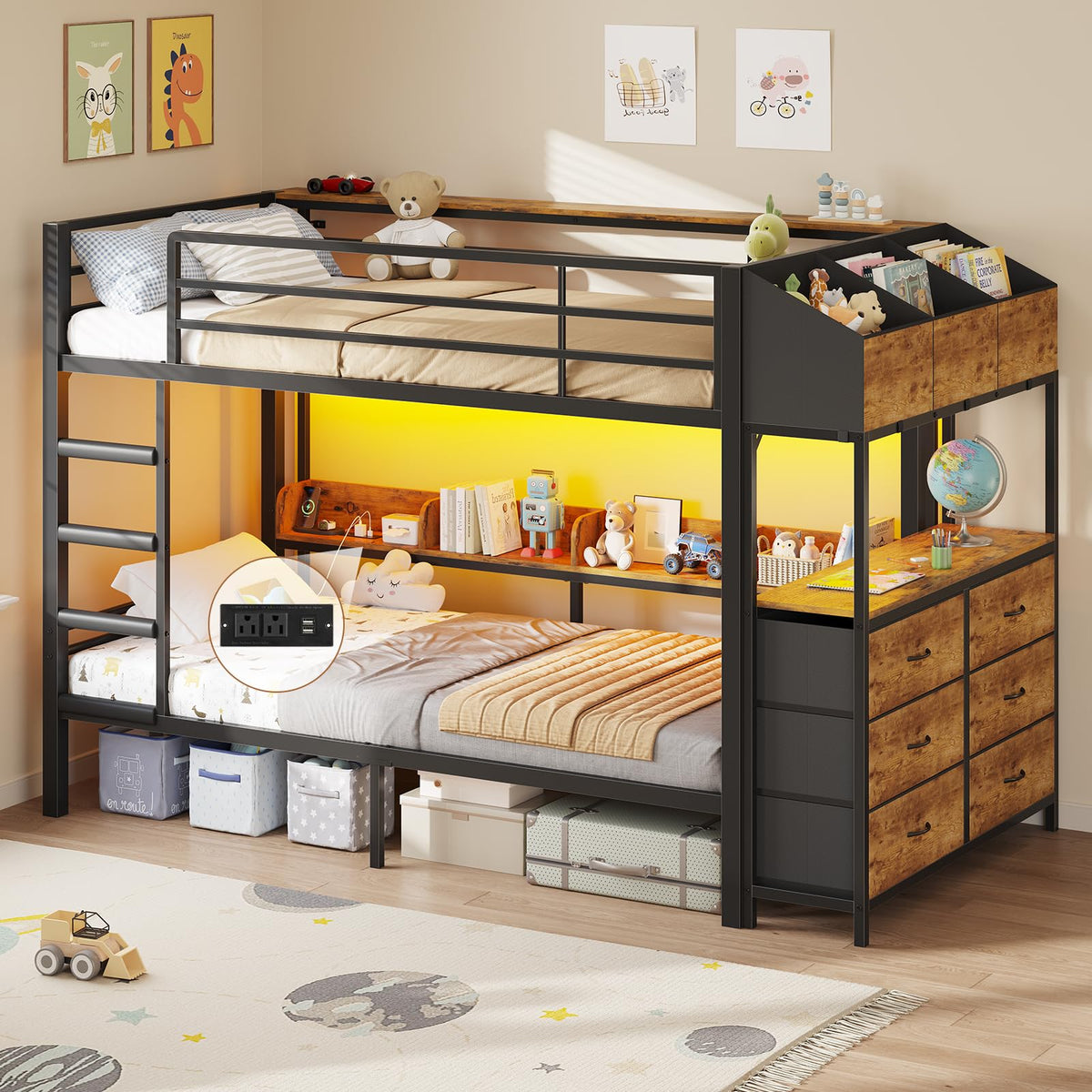 Twin Over Twin Metal Bunk Bed with 6 Storage Drawers, Led Lights and Charging Station, Black G413