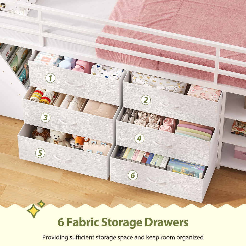 White Twin Loft Bed with Bookshelf, Display Shelf, Storage Drawers and Ladder Y1404