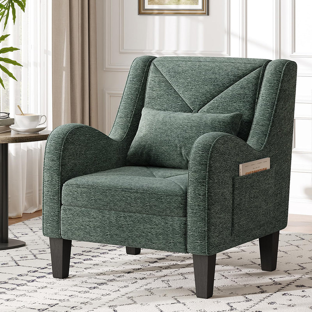 Green Chenille Upholstered Accent Chair with Lumbar Pillow J828435