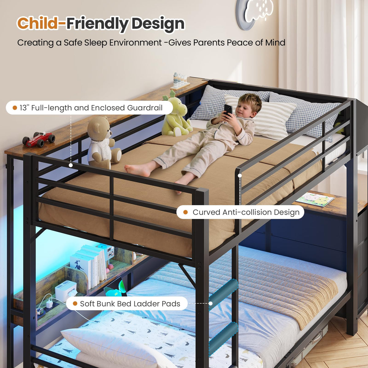 Twin Over Twin Metal Bunk Bed with 6 Storage Drawers, Led Lights and Charging Station, Black G413