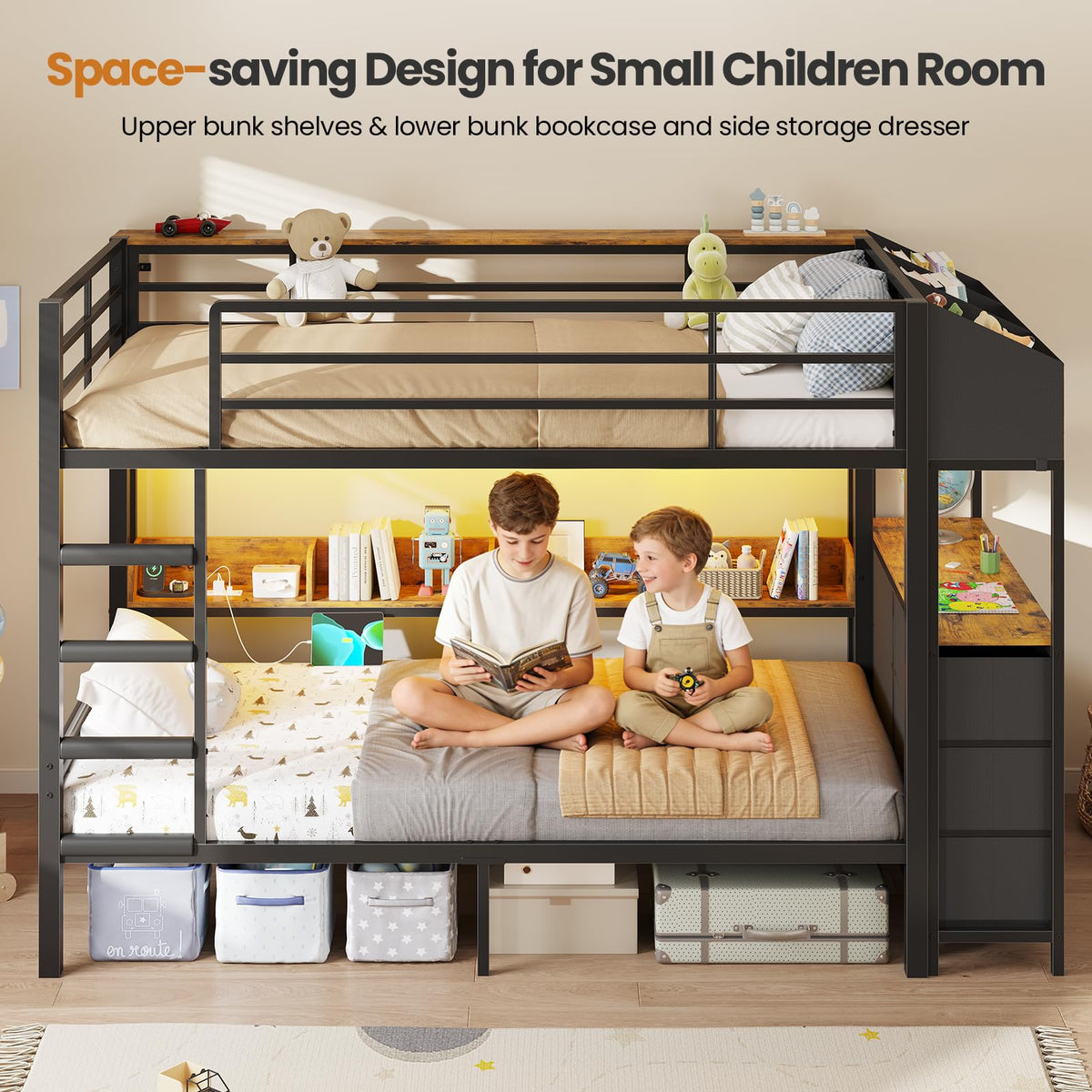 Twin Over Twin Metal Bunk Bed with 6 Storage Drawers, Led Lights and Charging Station, Black G413