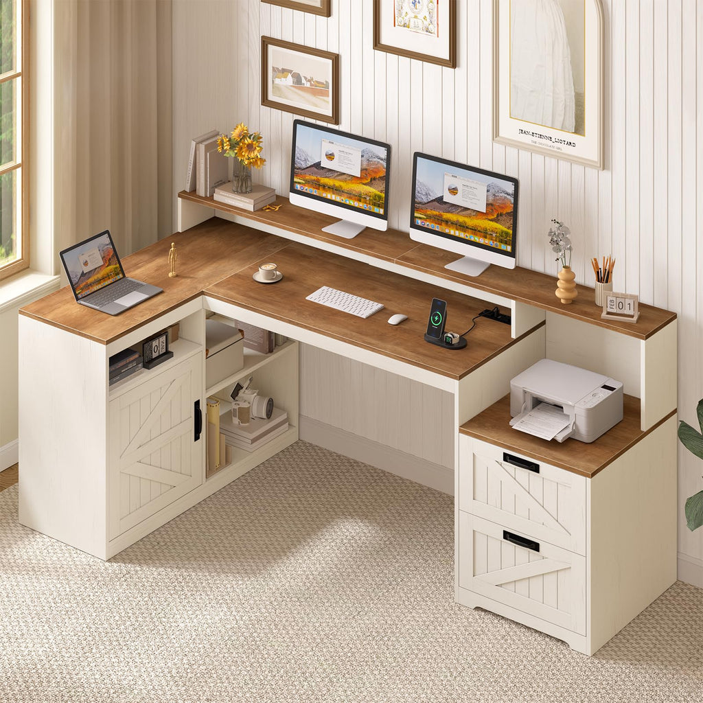 63" L Shaped Desk with Drawers and Printer Stand F527