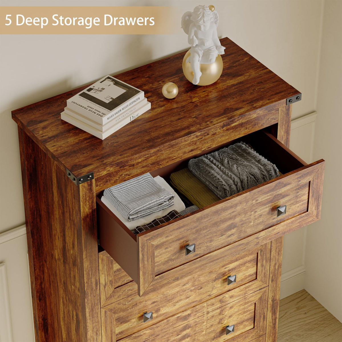 Brown Tall 5 Drawer Wood Dresser with Metal Handles W8081