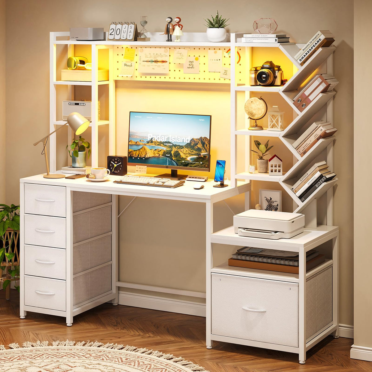 61.4" Computer Desk with Bookshelf, 5 Drawers, Hutch, Outlet, LED Z3835