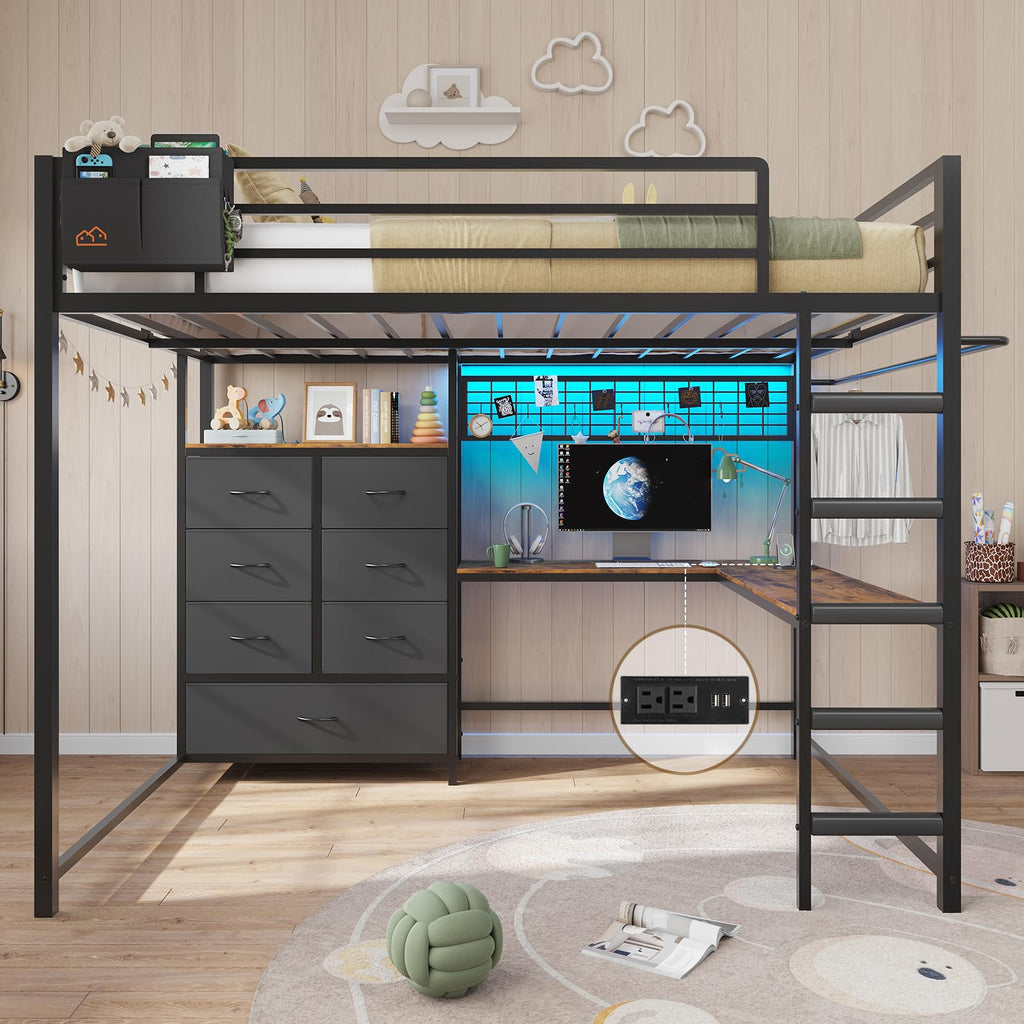 Full Size Loft Bed with L-Shaped Desk, 7 Storage Drawers, LED Lights and Charging Station, Black P9350
