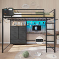 Full Size Loft Bed with L-Shaped Desk, 7 Storage Drawers, LED Lights and Charging Station, Black P9350