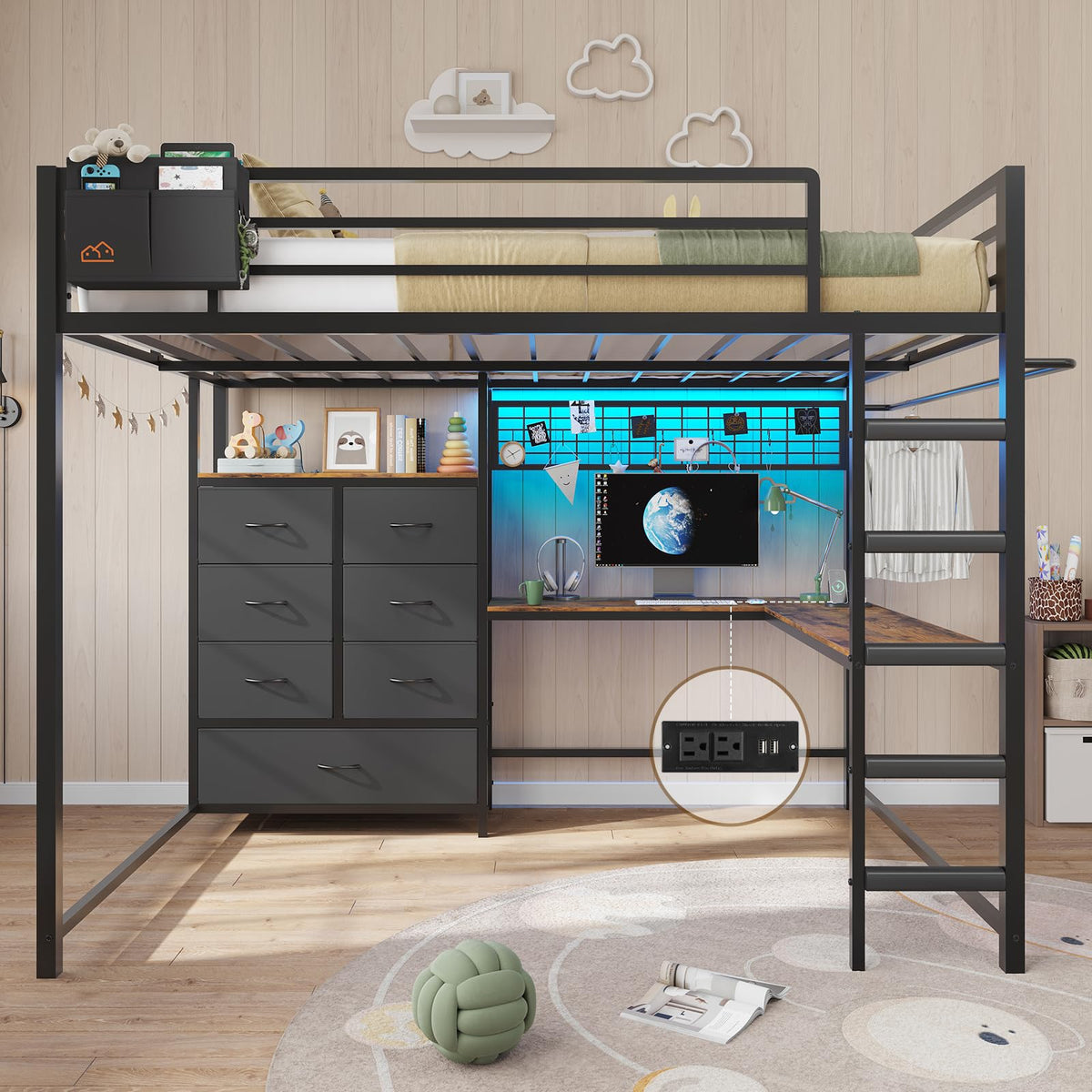 Full Size Loft Bed with L-Shaped Desk, 7 Storage Drawers, LED Lights and Charging Station, Black P9350
