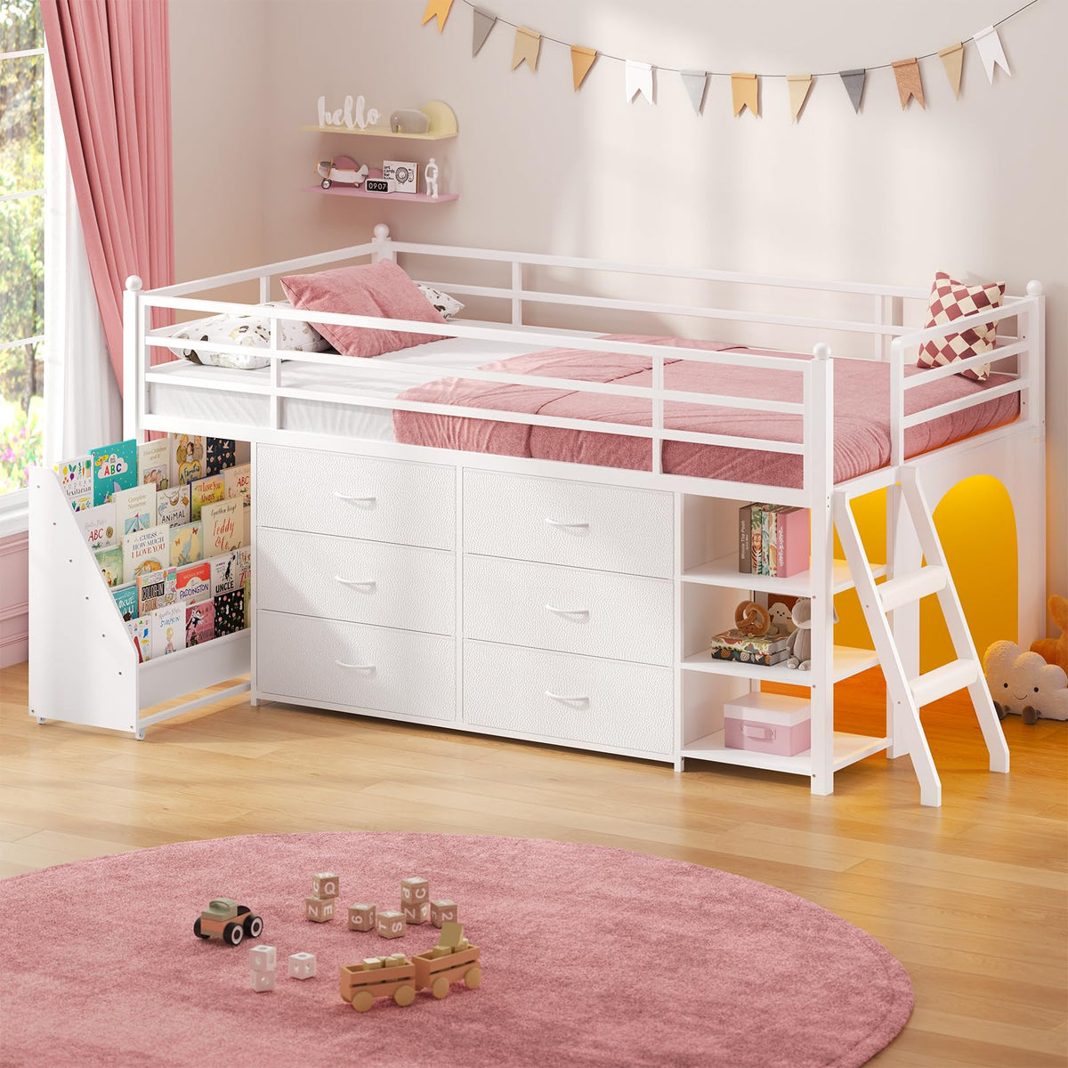 White Twin Loft Bed with Bookshelf, Display Shelf, Storage Drawers and Ladder Y1404