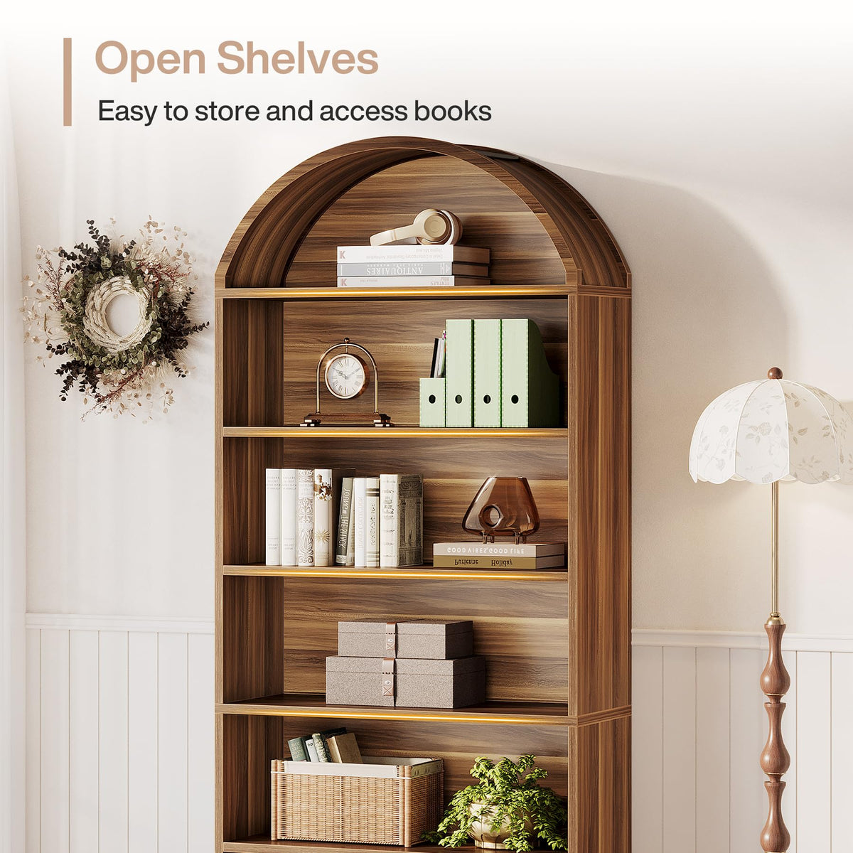 76.8" Tall Arched Bookcase with File Cabinet Drawer, Walnut Brown X940