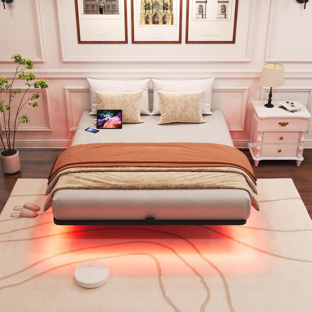 Queen Metal Platform Bed Frame with LED Lights and Charging Station X888