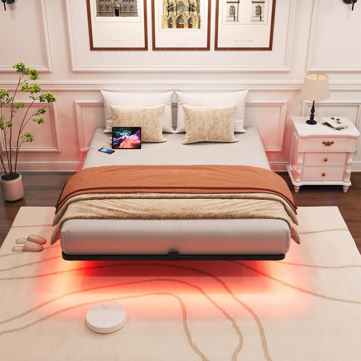 Queen Metal Platform Bed Frame with LED Lights and Charging Station X888