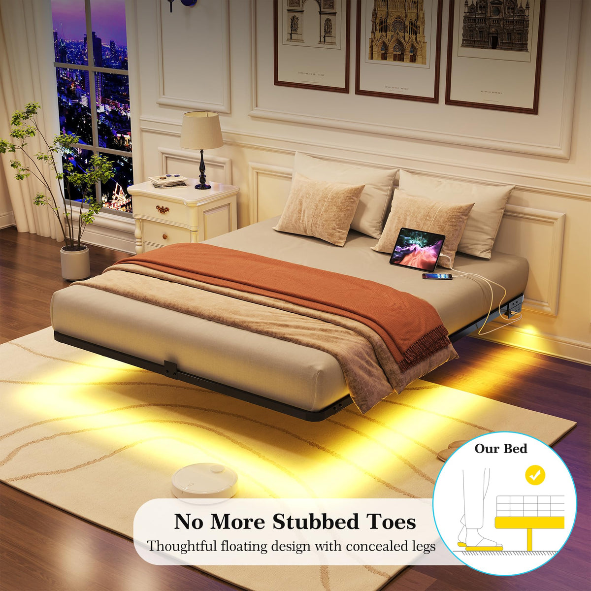 Queen Metal Platform Bed Frame with LED Lights and Charging Station X888