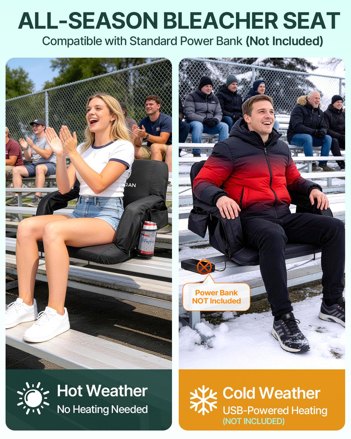 25" Heated Stadium Seats for Bleachers with Back Support, Black 2PC U2621