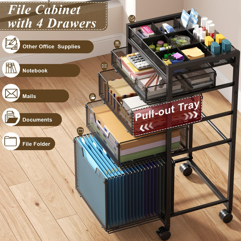 Rolling File Cart with 4 Storage Drawers, Black Metal F394895