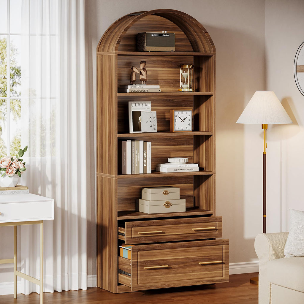 76.8" Tall Arched Bookcase with File Cabinet Drawer, Walnut Brown X940