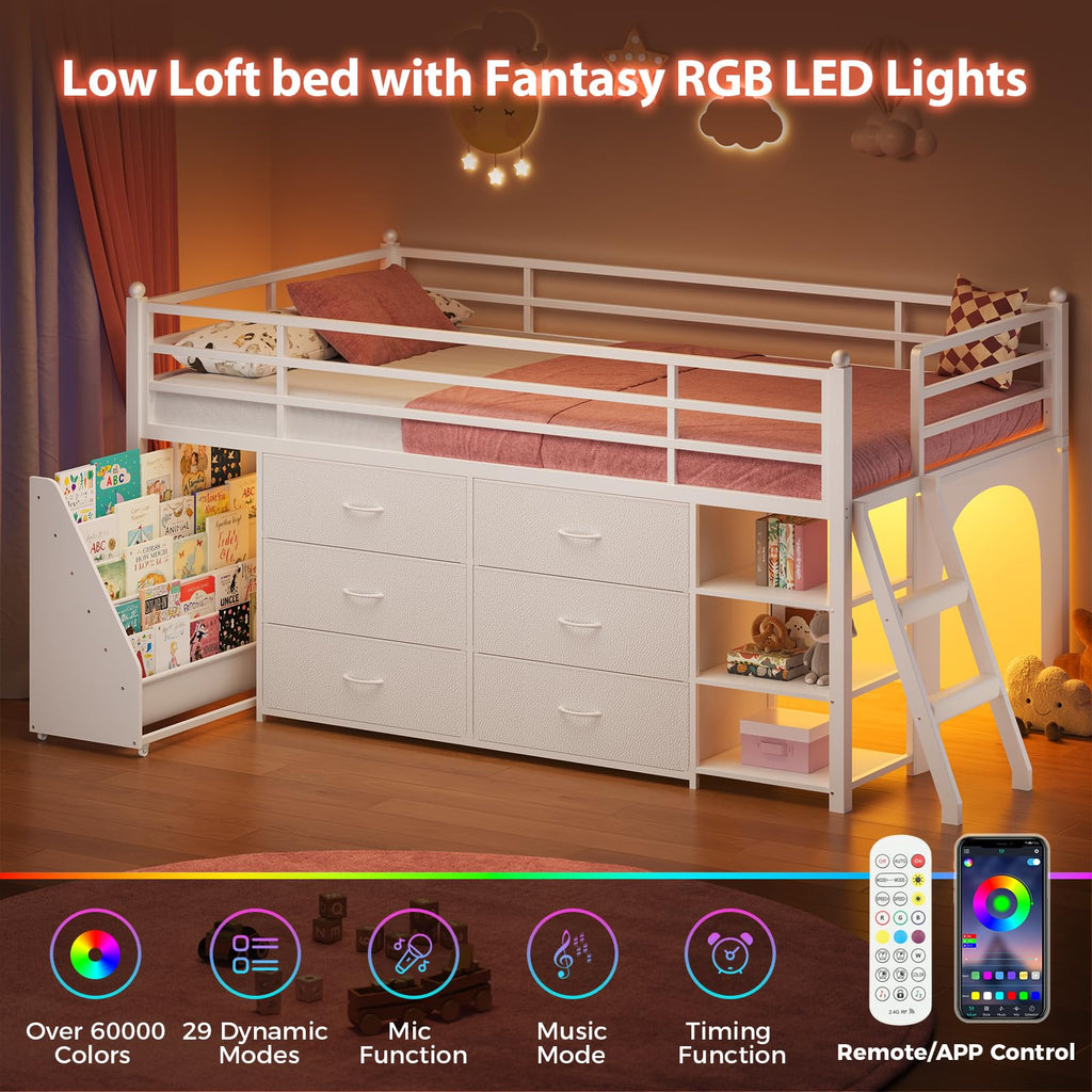 White Twin Loft Bed with Bookshelf, Display Shelf, Storage Drawers and Ladder Y1404
