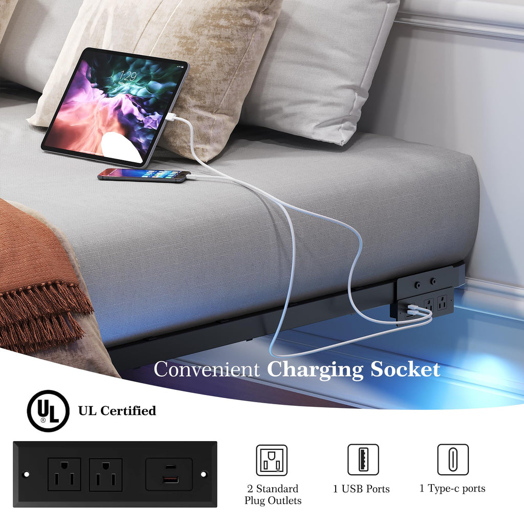 Queen Metal Platform Bed Frame with LED Lights and Charging Station X888