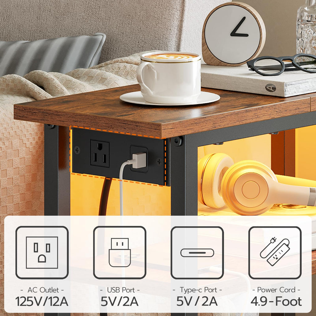 Narrow Side Table with Charging Station and LED Light G20098