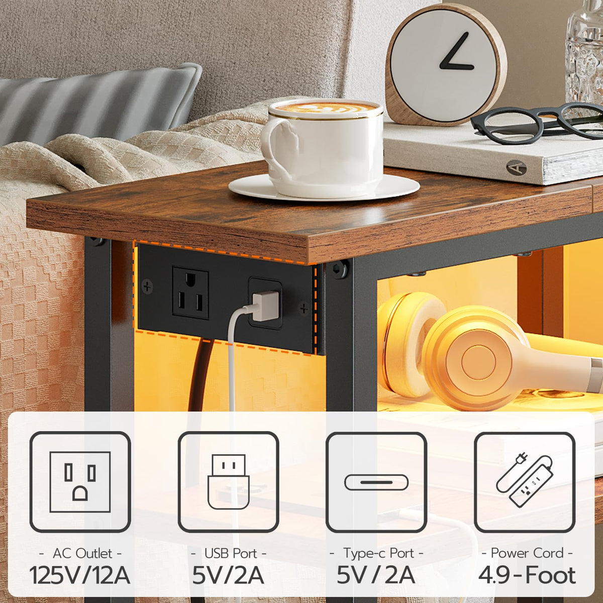 Narrow Side Table with Charging Station and LED Light G20098