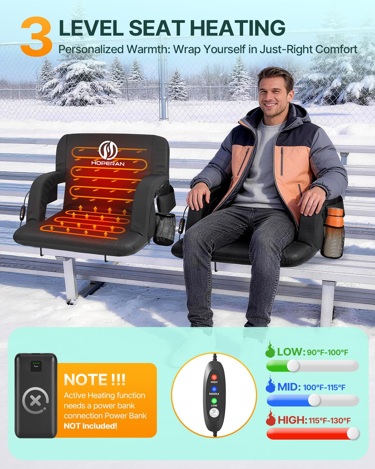 25" Heated Stadium Seats for Bleachers with Back Support, Black 2PC U2621