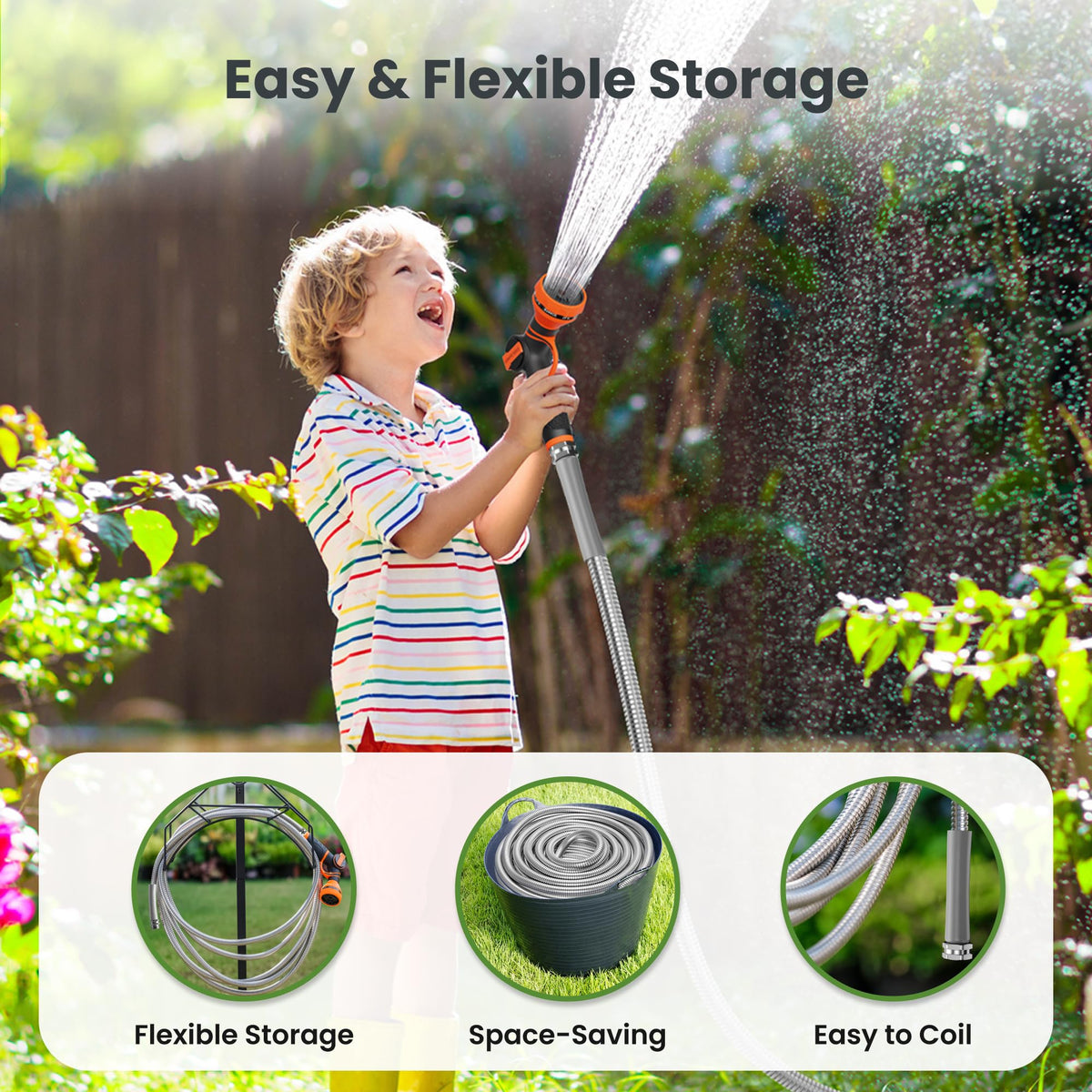 100ft Stainless Steel Garden Hose with Spray Nozzle H863